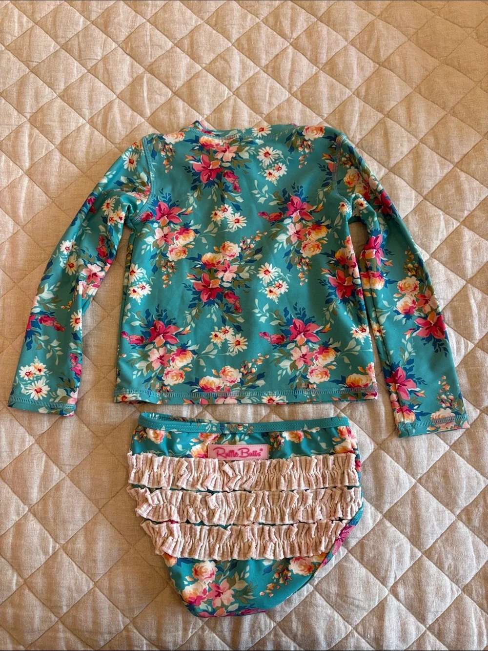 Ruffle Butts Teal Floral Long-Sleeve Rashguard Set with Pink Accents